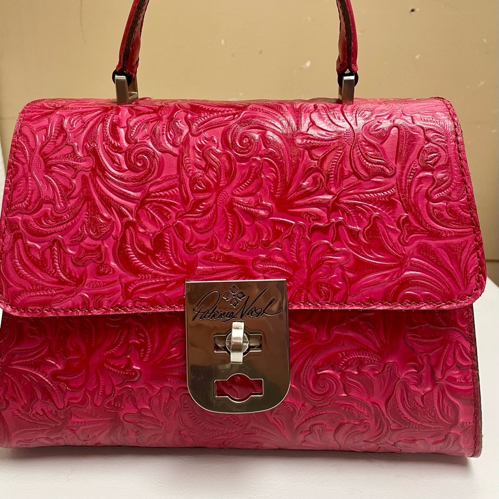 Patricia Nash Chauny Satchel Magenta Leather Tooled Purse. Dust bag-24” strap.